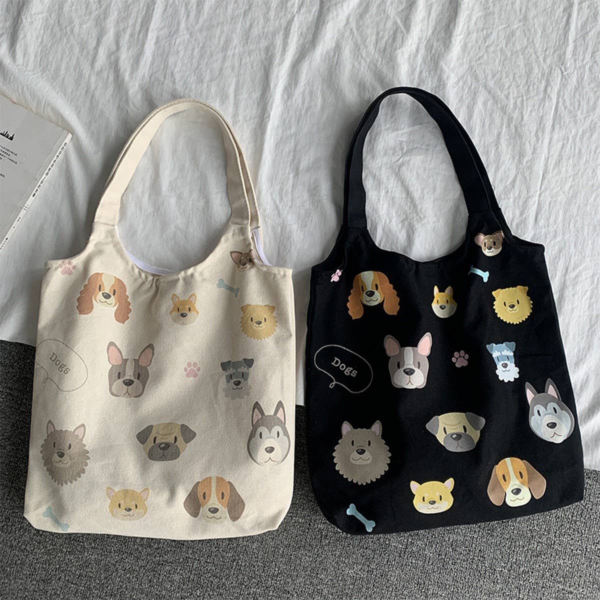 TOTE BAGS CANVAS WITH CUTE DOGS PATTERN_CWAB2060: Black / (OS) 2
