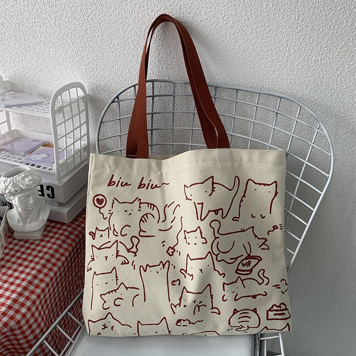CANVAS TOTE BAGS WITH ADORABLE ANIMAL PRINT_CWAB2046: BEIGE1 / (OS) 2