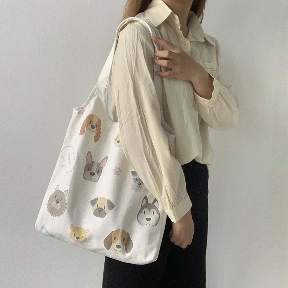 TOTE BAGS CANVAS WITH CUTE DOGS PATTERN_CWAB2060: Black / (OS) 2