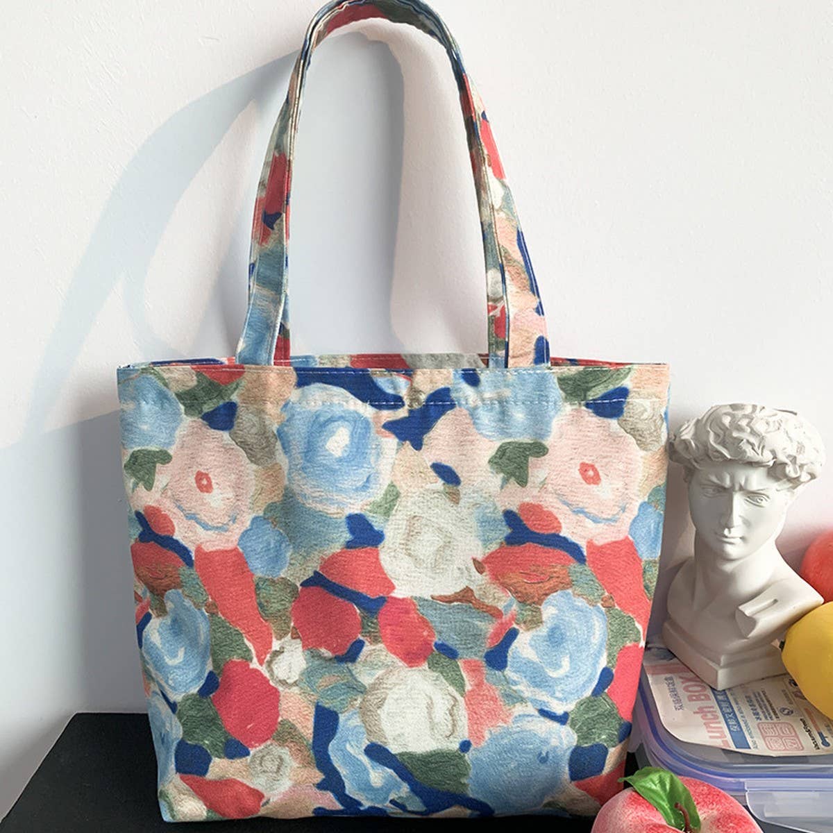 CANVAS TOTE BAGS WITH FRESH FLORAL PLAID_CWAB2047: Purple / (OS) 2