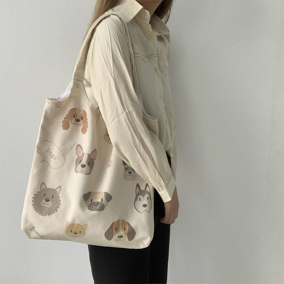 TOTE BAGS CANVAS WITH CUTE DOGS PATTERN_CWAB2060: Black / (OS) 2