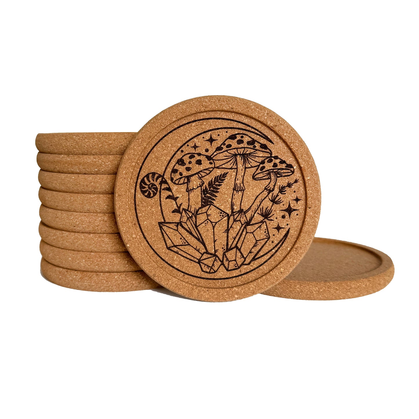 Mushroom & Crystal Cork Coaster | Whimsical Woodland Design