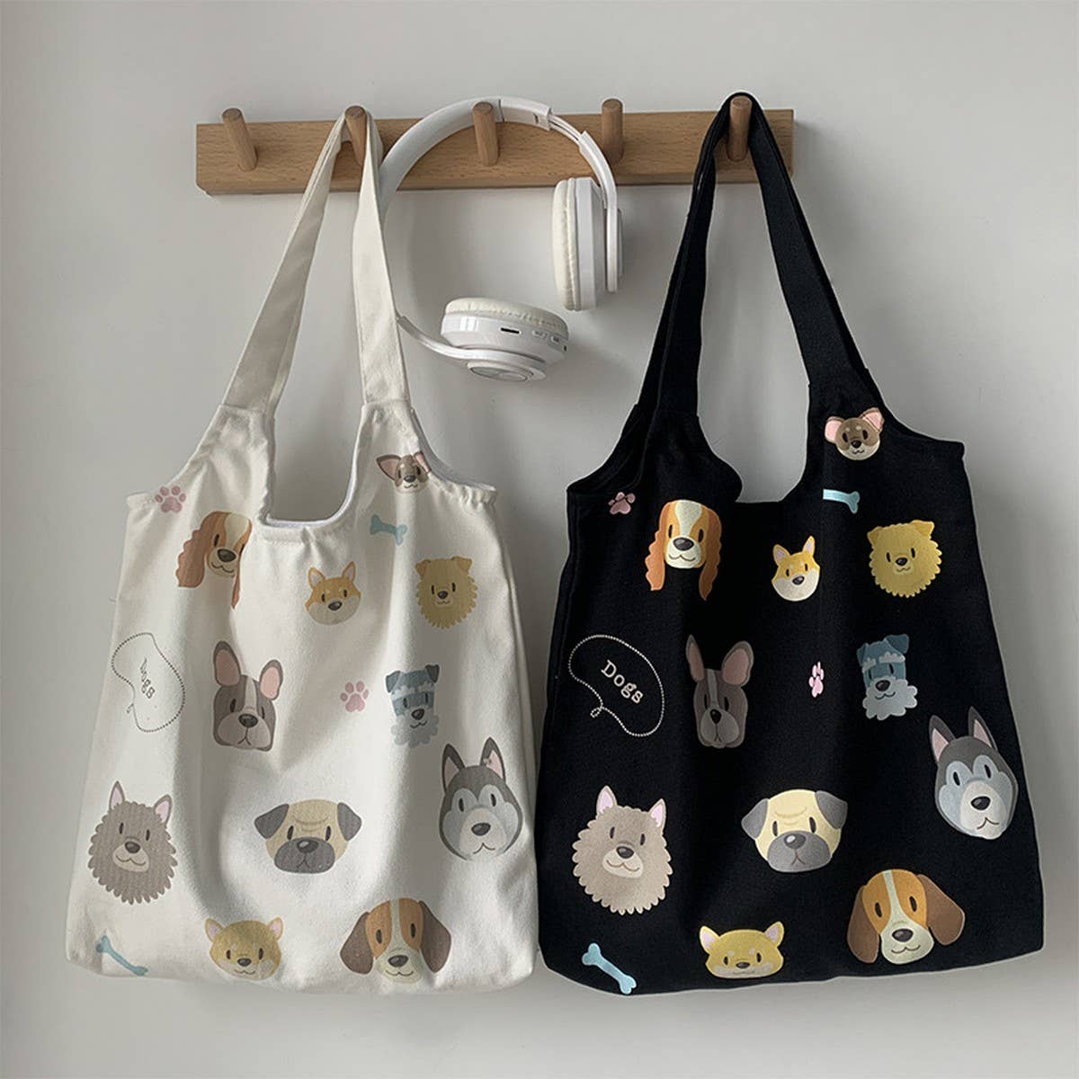 TOTE BAGS CANVAS WITH CUTE DOGS PATTERN_CWAB2060: Black / (OS) 2