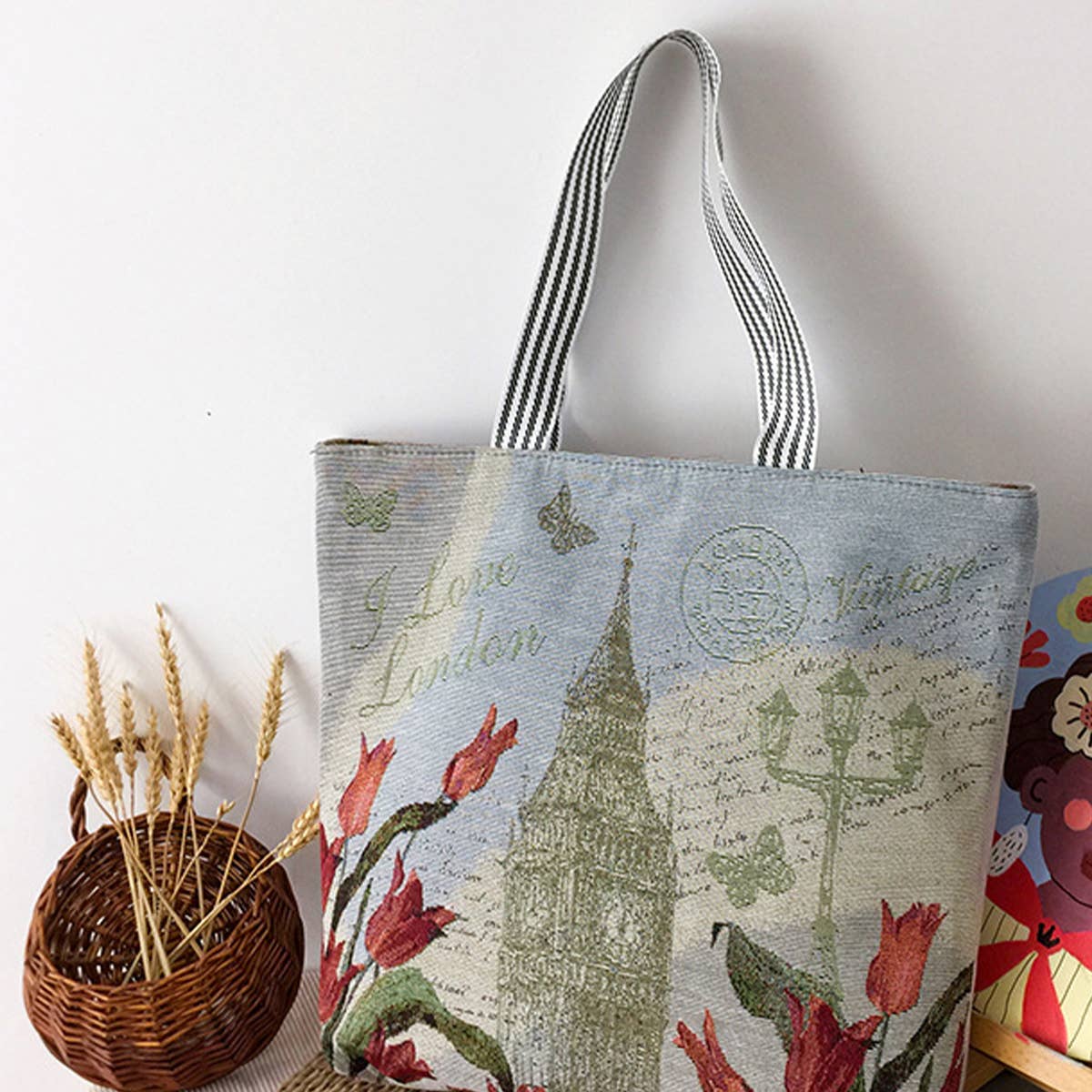 FLOWER JACQUARD CANVAS SHOULDER BAG TOTE BAG_CWAB1677: TYPE2 / (OS) 2