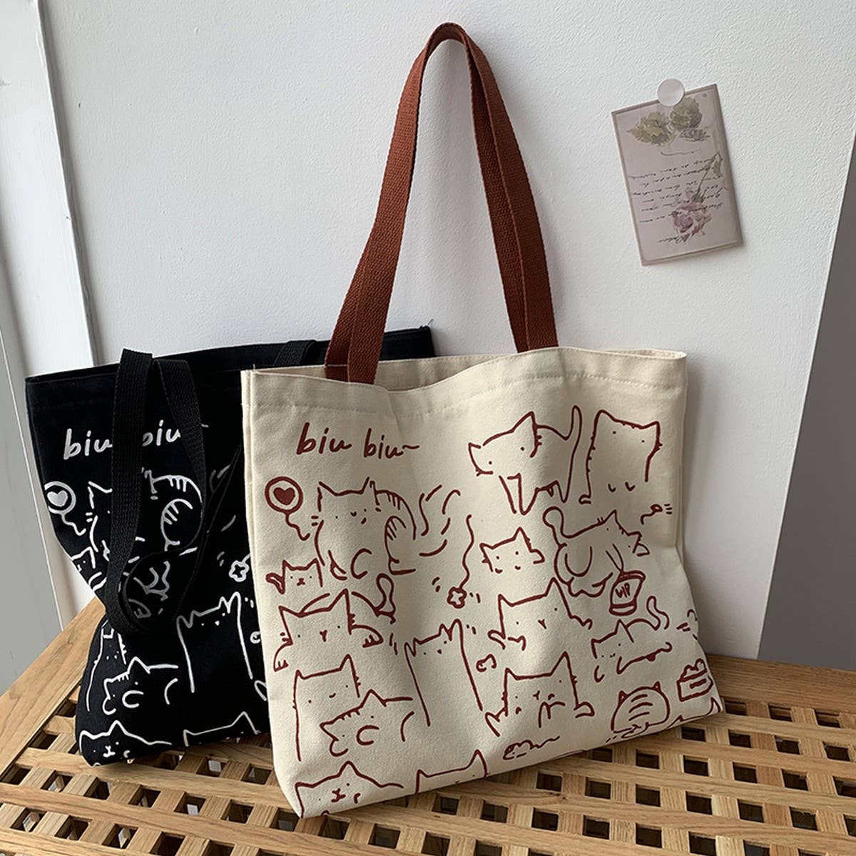 CANVAS TOTE BAGS WITH ADORABLE ANIMAL PRINT_CWAB2046: BEIGE1 / (OS) 2