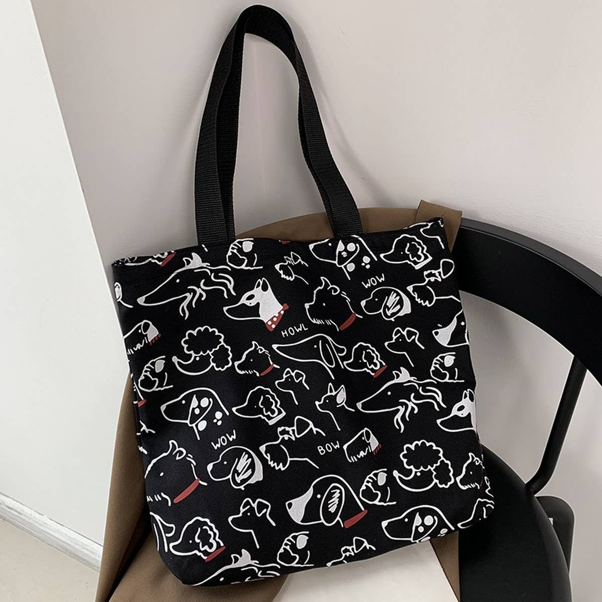 CANVAS TOTE BAGS WITH ADORABLE ANIMAL PRINT_CWAB2046: BEIGE1 / (OS) 2