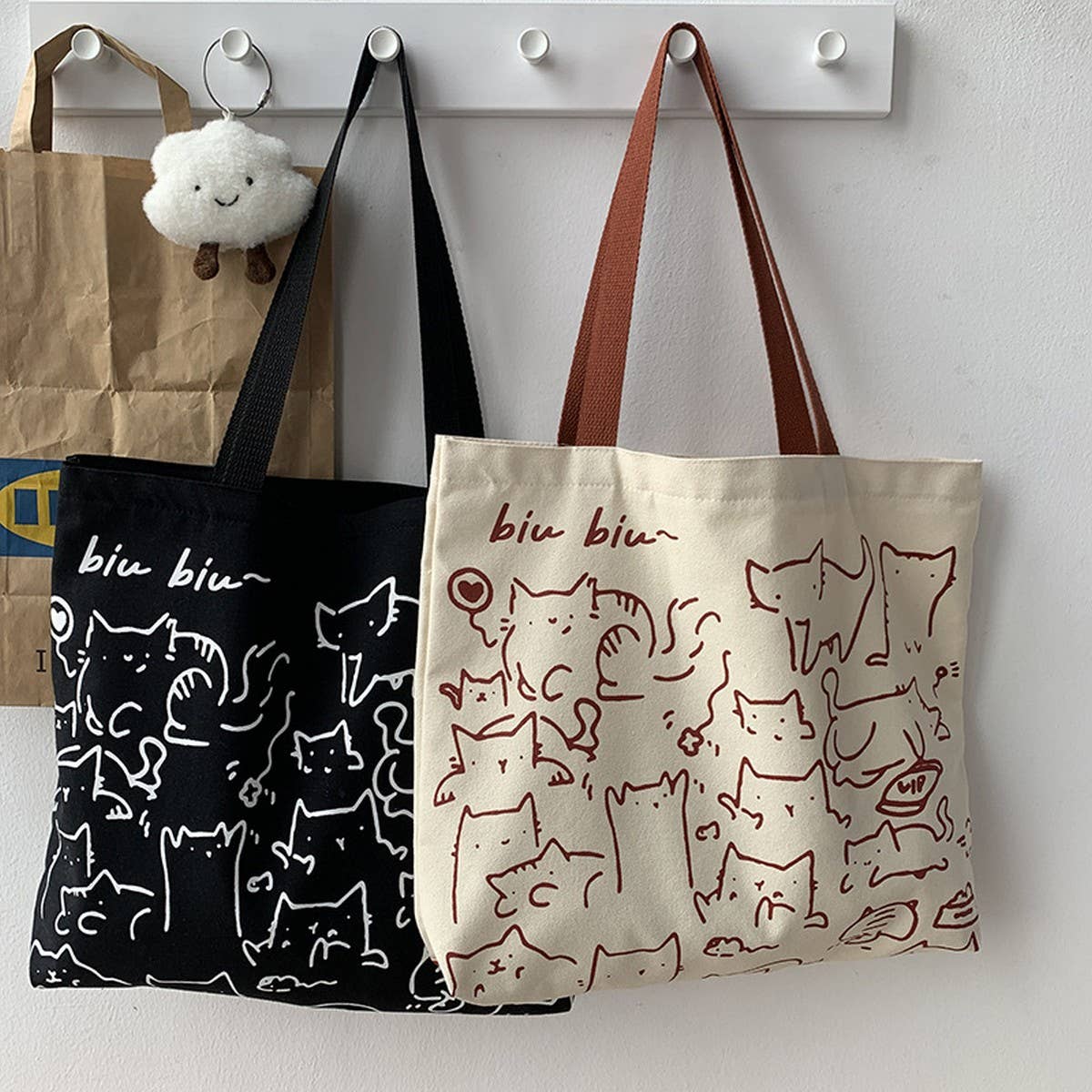 CANVAS TOTE BAGS WITH ADORABLE ANIMAL PRINT_CWAB2046: BEIGE1 / (OS) 2