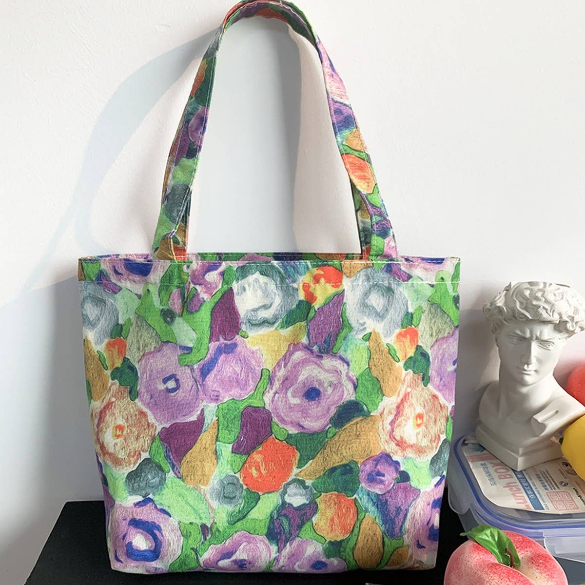 CANVAS TOTE BAGS WITH FRESH FLORAL PLAID_CWAB2047: Purple / (OS) 2