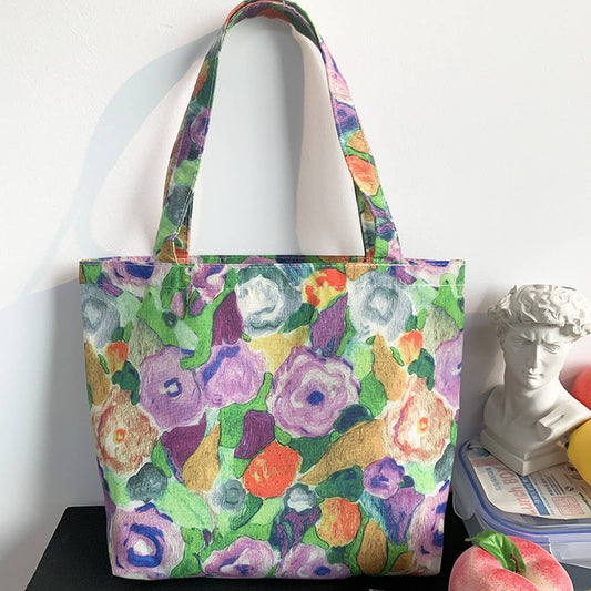 CANVAS TOTE BAGS WITH FRESH FLORAL PLAID_CWAB2047: Purple / (OS) 2