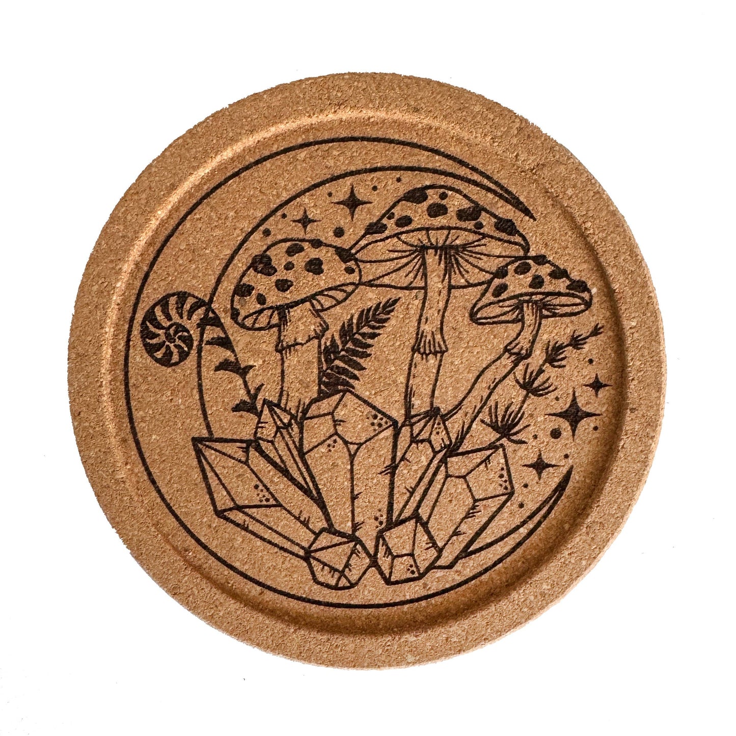 Mushroom & Crystal Cork Coaster | Whimsical Woodland Design