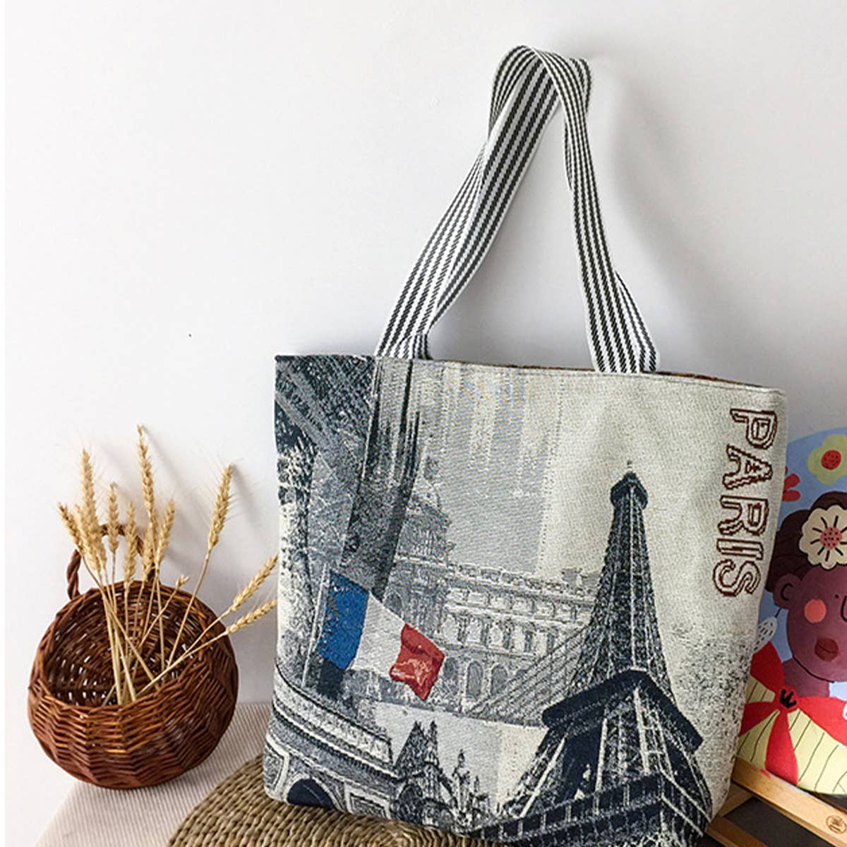 FLOWER JACQUARD CANVAS SHOULDER BAG TOTE BAG_CWAB1677: TYPE2 / (OS) 2