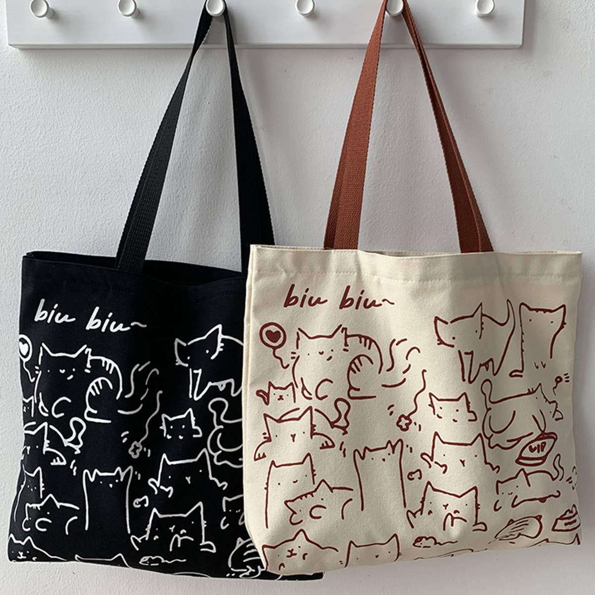 CANVAS TOTE BAGS WITH ADORABLE ANIMAL PRINT_CWAB2046: BEIGE1 / (OS) 2