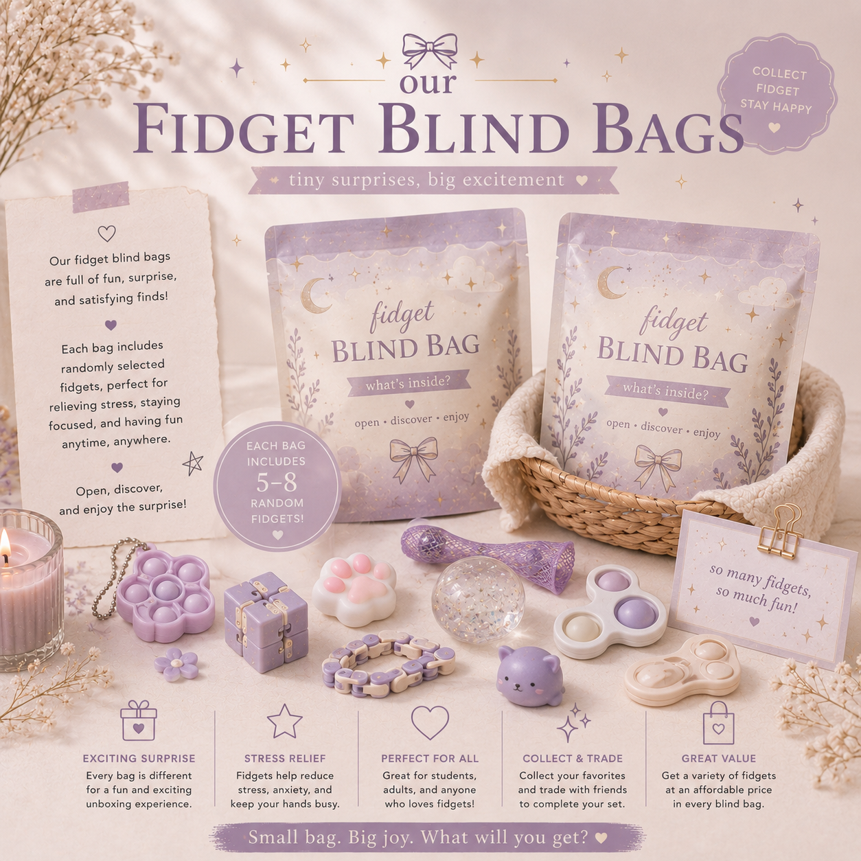 Fidget Mystery Blind Bags – Set of 10 Blind bags (Bonus Bag if You Find a Bead!)