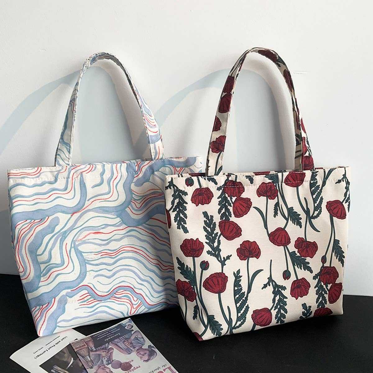 CANVAS TOTE BAGS WITH FRESH FLORAL PLAID_CWAB2047: Purple / (OS) 2