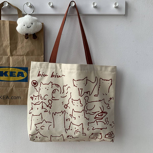 CANVAS TOTE BAGS WITH ADORABLE ANIMAL PRINT_CWAB2046: BEIGE1 / (OS) 2