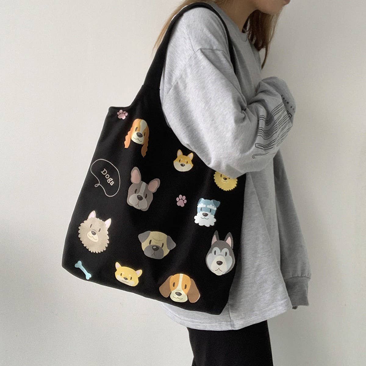 TOTE BAGS CANVAS WITH CUTE DOGS PATTERN_CWAB2060: Black / (OS) 2