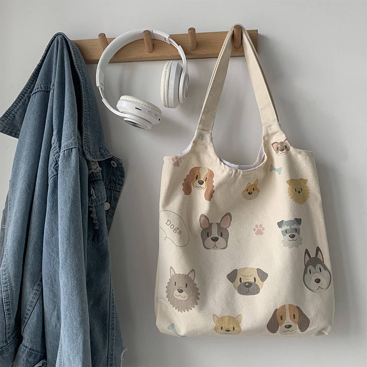 TOTE BAGS CANVAS WITH CUTE DOGS PATTERN_CWAB2060: Black / (OS) 2