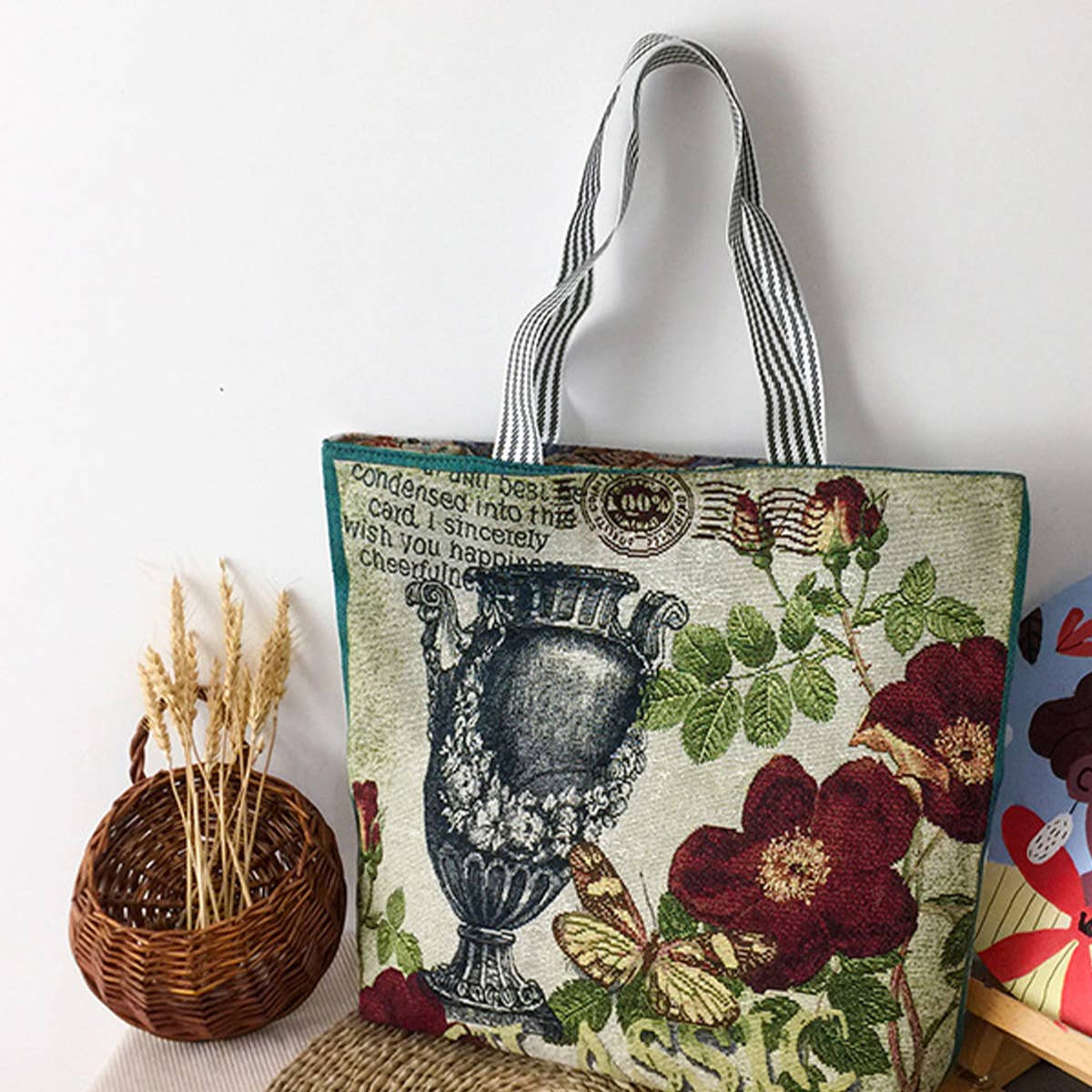 FLOWER JACQUARD CANVAS SHOULDER BAG TOTE BAG_CWAB1677: TYPE2 / (OS) 2
