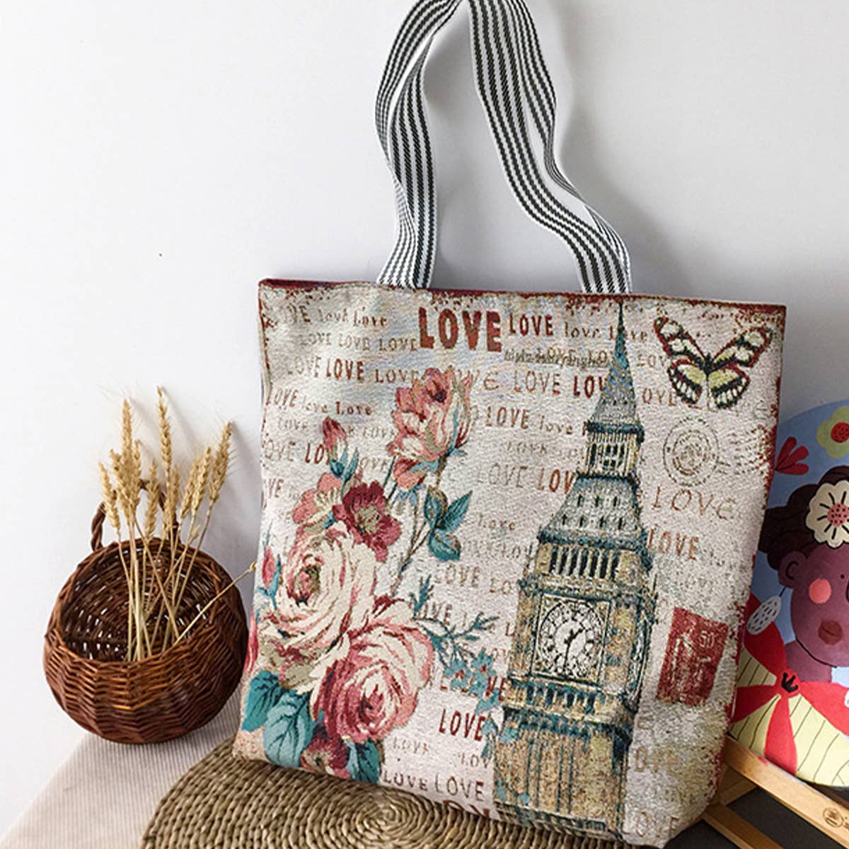 FLOWER JACQUARD CANVAS SHOULDER BAG TOTE BAG_CWAB1677: TYPE2 / (OS) 2