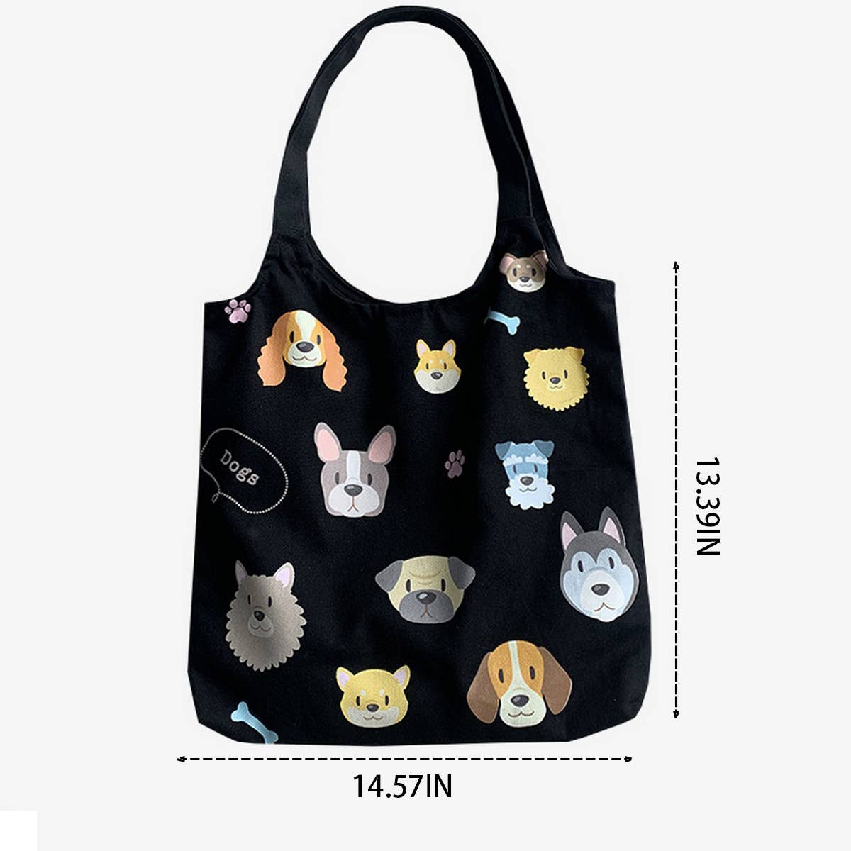 TOTE BAGS CANVAS WITH CUTE DOGS PATTERN_CWAB2060: Black / (OS) 2